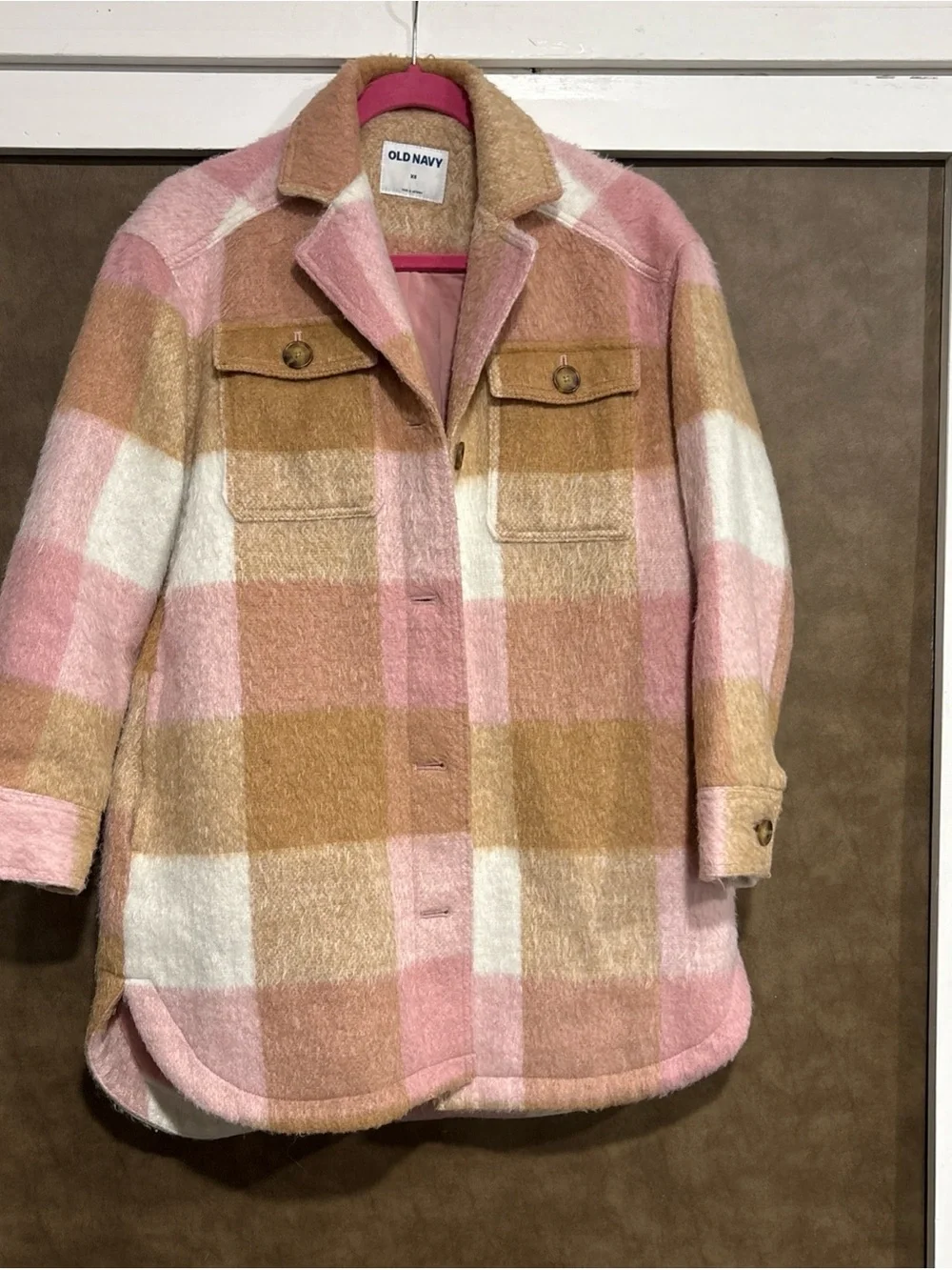 Old Navy Pink & Tan Plaid Shacket Jacket